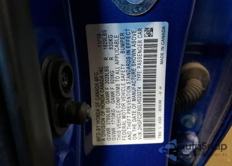 2020 Honda Civic Sport z USA, uszkodzony, nr VIN 2HGFC2F80LH520274